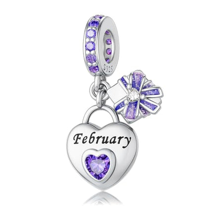 HappyStar 925 Sterling Silver Happy Birthday Bead Charm Love Heart Shape Birthstone Charms for Bracelets Dangle Pendant with 5A Cubic Zirconia Compatible Pandora Bracelets Jewelry Gift for Women - color: 2-February Birthstone Charms