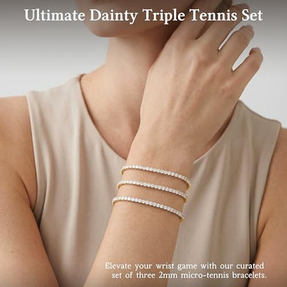 925 Sterling Silver Bracelets for Women Stack, Trendy Tennis Bangle Cuff Jewelry Set 14K Gold Plated, Adjustable Bracelet Set for Wrist Essentials, Women Fashion Watch Band Acecessories - style: Bracelet_3pcs(Gold Tennis Set 2mm)