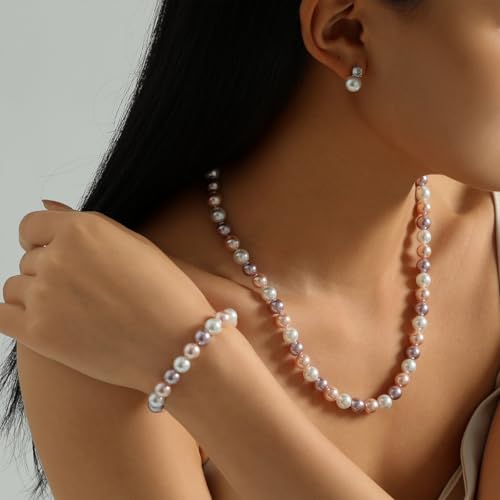 Pearl Necklaces for Women,8mm Pearl Necklace and Earring Bracelet Jewelry Set for Women Men Wedding Birthday Valentine Christmas Day Gifts - color: White Pink Purple