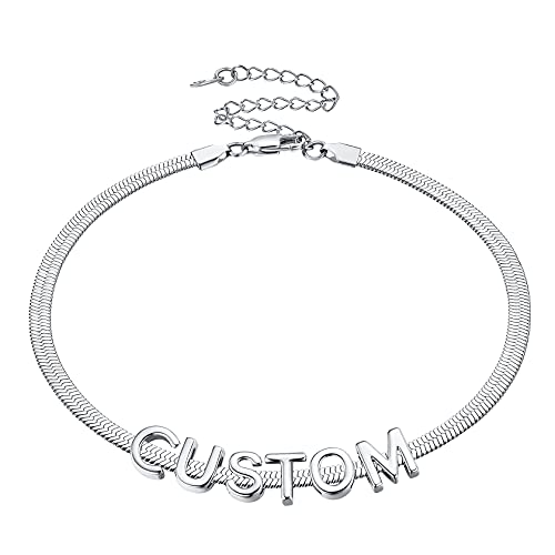 ChainsHouse Flat Snake Chain Herringbone Choker Necklace for Women, Stainless Steel/Rose Gold/18K Gold Plated Dainty Adjustable Simple Short Layered Necklaces, 12"/15"/18" with 3.5" Extender - color: c. stainless-5mm-custom