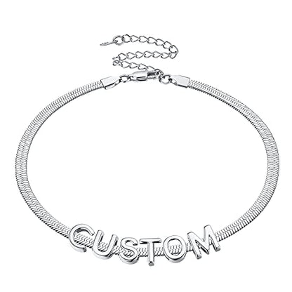 ChainsHouse Flat Snake Chain Herringbone Choker Necklace for Women, Stainless Steel/Rose Gold/18K Gold Plated Dainty Adjustable Simple Short Layered Necklaces, 12"/15"/18" with 3.5" Extender - color: c. stainless-5mm-custom