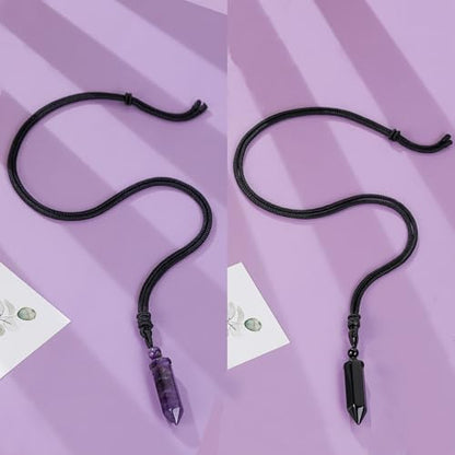 Top Plaza Healing Crystal Stone Necklaces for Men Hexagonal Pendant Necklaces Adjustable Braided Rope Natural Gemstone Necklace Jewelry Christmas Gift for Dad, Husband - color: 2pcs-Amethyst+Black Obsidian