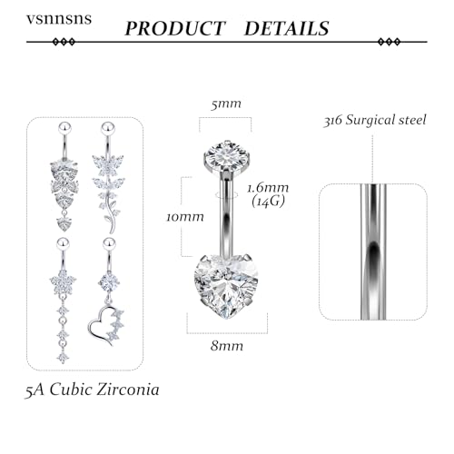 Vsnnsns 14G Dangle Belly Button Ring Piercing Jewelry 316L Stainless Surgical Steel Navel Rings Cubic Zirconia Heart Flower CZ Dangling Belly Button Ring Piercing Jewelry for Women 14 Gauge - color: Silver-Clear CZ