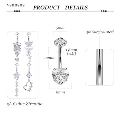 Vsnnsns 14G Dangle Belly Button Ring Piercing Jewelry 316L Stainless Surgical Steel Navel Rings Cubic Zirconia Heart Flower CZ Dangling Belly Button Ring Piercing Jewelry for Women 14 Gauge - color: Silver-Clear CZ