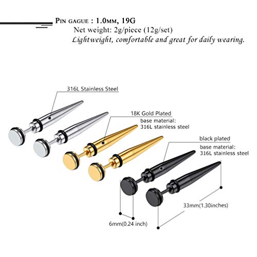 PROSTEEL Stainless Steel Huggie Hoop Earrings for Mens Gold/Black/Silver | Skull/Infinity Pattern, Spike/Cuban Links 4 Design Options Hypoallergenic Lightweight Earring Hip Hop Punk Gothic Jewelry - style: Long Spike(3 Pairs)