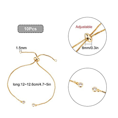 SUNNYCLUE 1 Box 10Pcs Brass Slider Chain 9" Adjustable Slider Chain Bracelet Round Box Chain Slider Extender Chains with Rhinestone Ball Ends for Women - color: Golden Box Chain, Rhinestone End