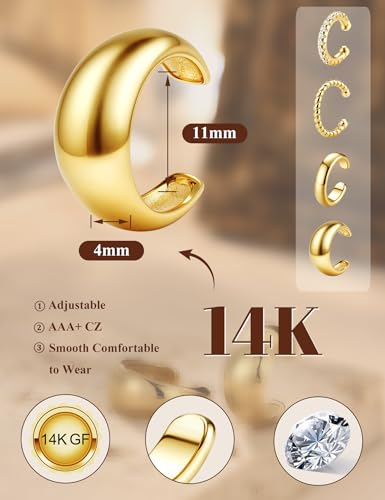 4Pairs 14K Gold Plated Ear Cuff Earrings for Women Non Piercing Jewelry | Hypoallergenic Earring Cuff for Sensitive Ears 14K Gold Silver Plated Non Tarnish Clip On Cartilage Fake Earring Set Trendy - color: 16K Gold Tone-Chic