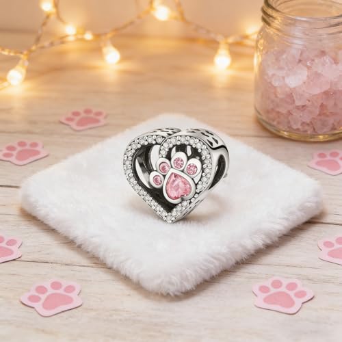 S925 Sterling Silver Cute Bead Charm for Pandora Bracelets and Necklaces | Lucky Clover Cute Animal Pink Bow Cherry Butterfly Pendant Bead Charms Jewelry Making Gifts for Women Valentines Mother's Day - style: Paw Print Heart Bead Charm