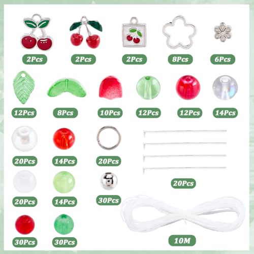 SUNNYCLUE 1 Box DIY 6 Sets Christmas Bracelet Making Kit Cherry Charms Metal Alloy Enamel Green Leaves Red Fruits Food Cherry Dangle Baking Painted Glasses Beads Charm for Jewelry Making Kits Starter - style: Cherry 1
