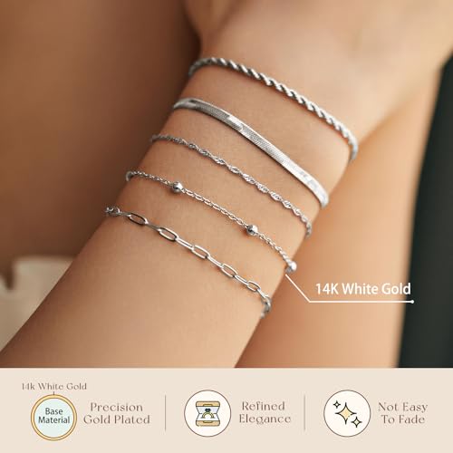 Gold Bracelets for Women, 14K Gold Plated Stackable Bracelet Stack Set Adjustable Charm Paperclip Chain Cuban Link Layered Waterproof Jewelry Sets Gifts for Womens 6.5 Inch - color: Silver-A 6.5 IN