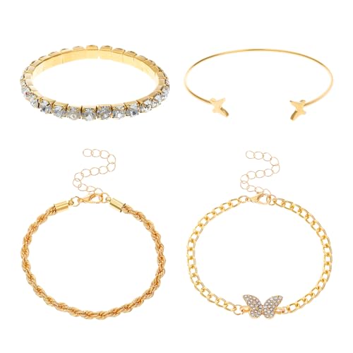 Alegend 14K Gold Plated Stackable Multilayer Bracelets + Titanium Steel(Not Rust, Resist Corruption, Easily Clean) 18K Gold Plated Single Bracelets - color: 14K Gold + 4PCS A
