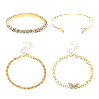 Alegend 14K Gold Plated Stackable Multilayer Bracelets + Titanium Steel(Not Rust, Resist Corruption, Easily Clean) 18K Gold Plated Single Bracelets - color: 14K Gold + 4PCS A