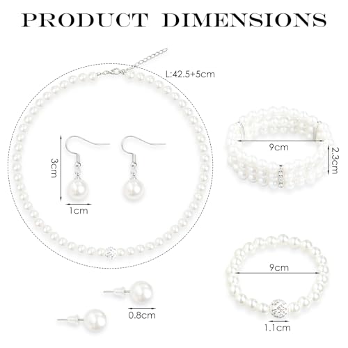 5Pcs Faux Pearl Jewelry Set for Women Adult Pearls Costume Jewelry Simulated Rhinestone Necklace Earrings Bracelet Set for Wedding Mother's Day Bridal Shower Party Accessories