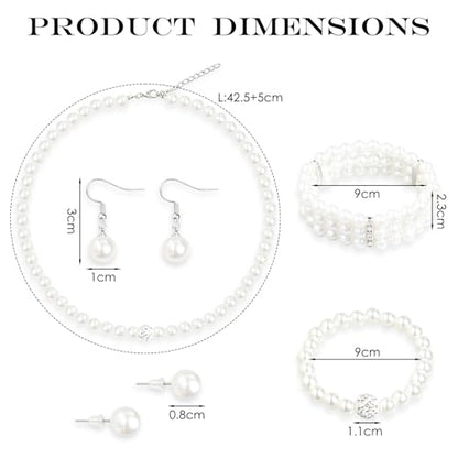 5Pcs Faux Pearl Jewelry Set for Women Adult Pearls Costume Jewelry Simulated Rhinestone Necklace Earrings Bracelet Set for Wedding Mother's Day Bridal Shower Party Accessories