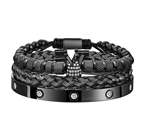 WFYOU 3PCS Stainless Steel Imperial Crown Bracelets for Men Gold Roman Numeral Bangle Bracelet Adjustable Cuff Bracelet Mens Luxury Jewelry Gifts - style: 01:Black-Cubic Zirconia