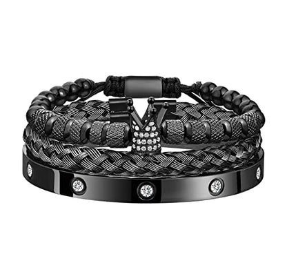 WFYOU 3PCS Stainless Steel Imperial Crown Bracelets for Men Gold Roman Numeral Bangle Bracelet Adjustable Cuff Bracelet Mens Luxury Jewelry Gifts - style: 01:Black-Cubic Zirconia