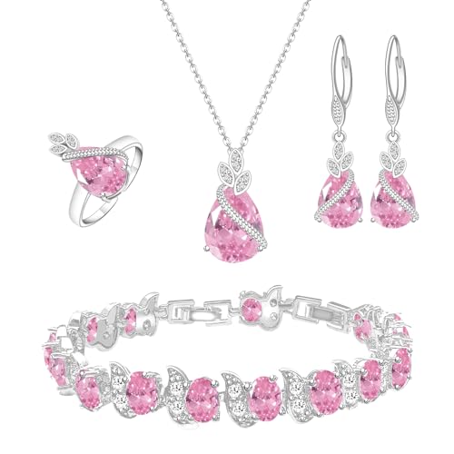 GZWHD Jewelry Set for Women CZ Earrings Necklace Ring Bracelet Set Prom Party Wedding Jewelry Gift for Mother Friend Wife - color: A-Pink
