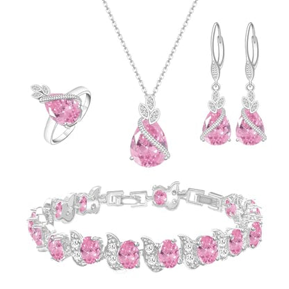 GZWHD Jewelry Set for Women CZ Earrings Necklace Ring Bracelet Set Prom Party Wedding Jewelry Gift for Mother Friend Wife - color: A-Pink