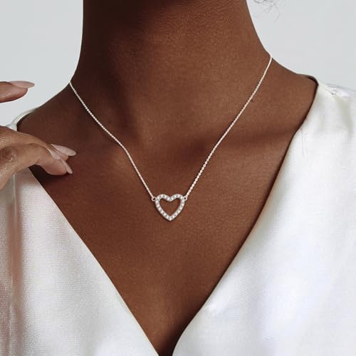 Airmb Heart Necklace for Women Gold/Silver Plated Trendy Heart Choker Lover Pendant Hypoallergenic Fashion Gold/Silver Necklace for Women Love Jewelry Gift for Women Girlfriend - color: Hollow-CZ Heart-Silver