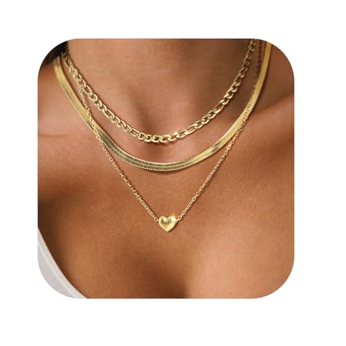 Layered Necklaces for Women,14k Gold Plated Dainty Necklace Stack Set Non Tarnish Adjustable Silver Stainless Steel CZ Heart Circle Pendant Paperclip Choker Herringbone Snake Chain Jewelry - style: Heart Layered Necklace