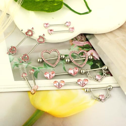 TIANCI FBYJS 6 Pairs Nipple Rings Stainless Steel Heart Butterfly Moon Flower CZ Stud Barbell Tongue Rings Set Cute Nipplerings Piercing Jewelry for Women Pink Tone - color: pink