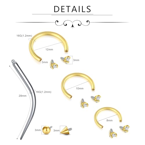 D.Bella 16G Horseshoe Septum Ring Surgical Steel Nose Hoop CZ Earring Eyebrow Lip Tragus Helix Daith Piercing Jewelry for Women Men 8-12mm - color: gold