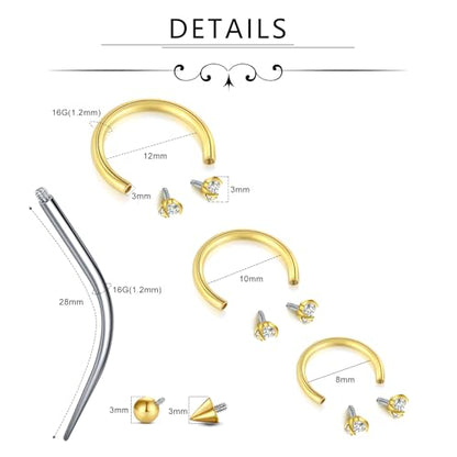 D.Bella 16G Horseshoe Septum Ring Surgical Steel Nose Hoop CZ Earring Eyebrow Lip Tragus Helix Daith Piercing Jewelry for Women Men 8-12mm - color: gold