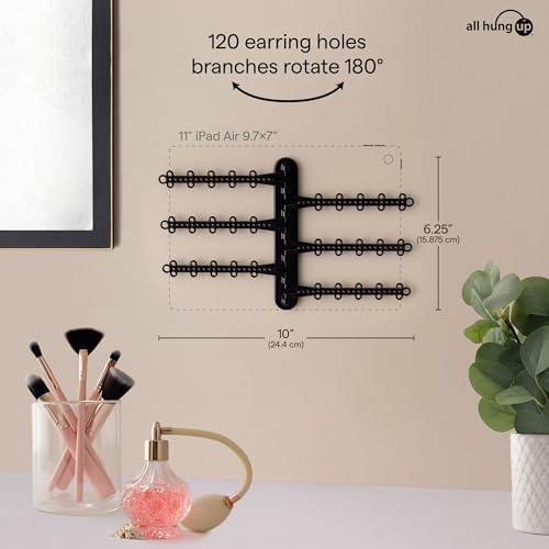 6-Tier Hanging Wall Jewelry Organizer, Earring, Necklace, Ring Holder-Black | Large Capacity with 120 Earring Holes, Rotating Branches, Includes 3M Command Strips, Bracelet, Ring & Necklace Storage - color: 6-Tier Midnight Black
