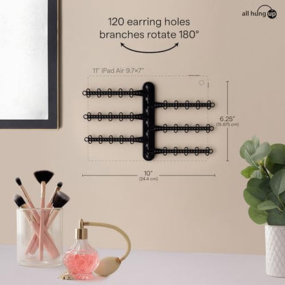 6-Tier Hanging Wall Jewelry Organizer, Earring, Necklace, Ring Holder-Black | Large Capacity with 120 Earring Holes, Rotating Branches, Includes 3M Command Strips, Bracelet, Ring & Necklace Storage - color: 6-Tier Midnight Black