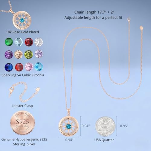 Compass Necklace for Women Wife Girlfriend Mom Daughter Gifts | S925 Silver Jewelry For Anniversary 18K Rose Gold Gifts For Birthday Christmas Mothers Valentines Day 12 Birthstones - style: 12-December-Rose Gold