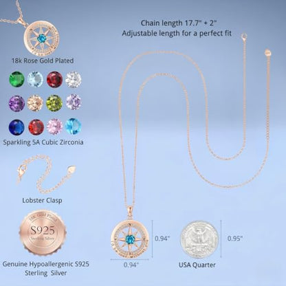 Compass Necklace for Women Wife Girlfriend Mom Daughter Gifts | S925 Silver Jewelry For Anniversary 18K Rose Gold Gifts For Birthday Christmas Mothers Valentines Day 12 Birthstones - style: 12-December-Rose Gold
