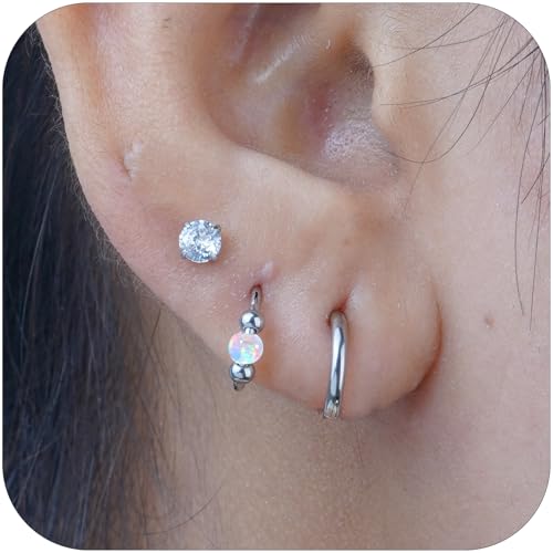 2PCS 18G Opal Cartilage Hoop Earrings, Hypoallergenic Silver Huggie Hoops | 316L Surgical Stainless Steel, 8mm 10mm sizes, hinged closure for easy wear, helix, tragus, conch, nose and daily styling - style: 3Pairs 8mm Hoops Set