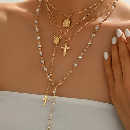 4PCS Layered Gold Cross Necklaces for Women Trendy, Bohemian Bead Pearl Y Long Pendant Necklace Set, Vintage Rosary Necklace Stack Adjustable Length