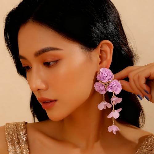 Fabric Flower Earrings for Women Colorful Long Tassel Floral Drop Earrings Fashion Boho Exaggerated Statement Beach Party Jewelry - color: Purple
