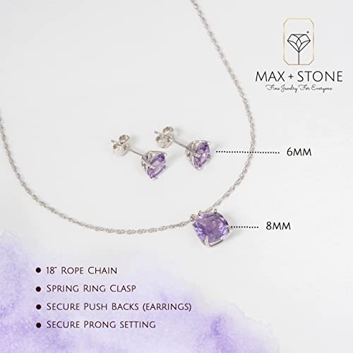 MAX + STONE 14k Gold Plated or Sterling Silver Cushion Cut Gemstone Stud Earrings and Pendant Necklace for Women with 6mm and 8mm Birthstones 18 Inch Chain and Push Backs Jewelry Set - style: Sterling Silver|Genuine Amethyst