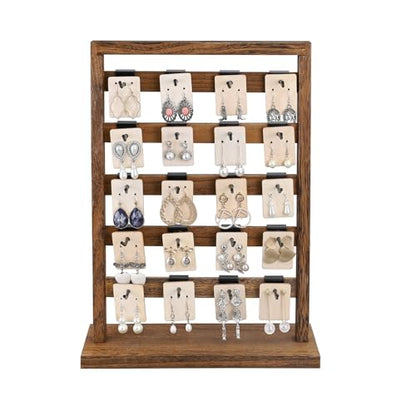 Ikee Design 5 Tiers Free Assemble Wooden Jewelry Display Rack with 20 Removable Metal Hooks,Earring Card Display Stand,Jewelry Organizer,Bracelet Organizer,Keychain Display Stand,Brown Color | Wooden 5 Tiers Jewelry Display Rack with Hooks: Comes with 20