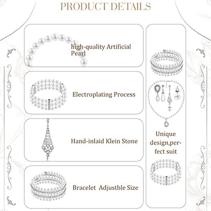 Bonuci 12 Pcs Women Pearl Jewelry Set Pearl Necklace Bracelet Earrings with Rhinestone for Wedding Birthday Bridal Tea Party - style: Elegant Style