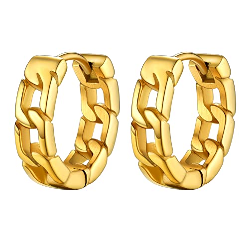 PROSTEEL Stainless Steel Huggie Hoop Earrings for Mens Gold/Black/Silver | Skull/Infinity Pattern, Spike/Cuban Links 4 Design Options Hypoallergenic Lightweight Earring Hip Hop Punk Gothic Jewelry - style: Cuban Links-Gold