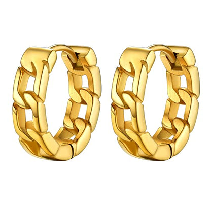 PROSTEEL Stainless Steel Huggie Hoop Earrings for Mens Gold/Black/Silver | Skull/Infinity Pattern, Spike/Cuban Links 4 Design Options Hypoallergenic Lightweight Earring Hip Hop Punk Gothic Jewelry - style: Cuban Links-Gold