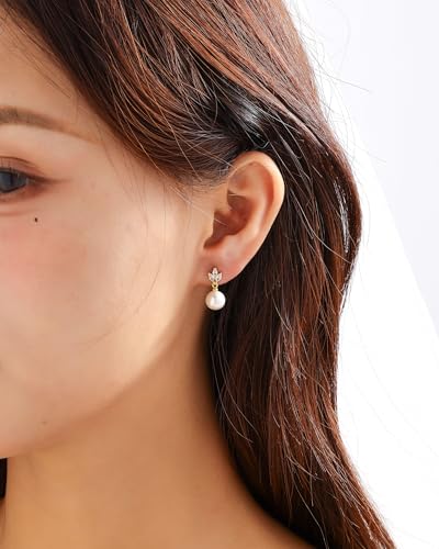 Pearl Earrings for Women, 14k Gold Plated Trendy Diamond Pearl Drop Earrings Bridal Shower Gifts Wedding jewelry for Women - color: Style G Gold