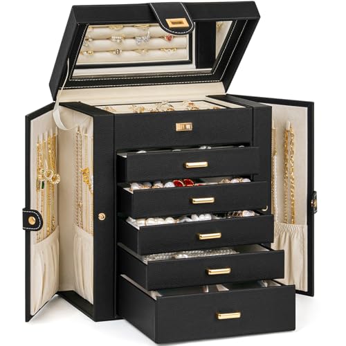 AKOZLIN 6-Tier Jewelry Box Organizer Functional 5 Drawers Leather Jewelry Storage Case for Women Girls Ring Necklace Earring Bracelet Holder Organizer with Mirror Medium Black - color: Black, size: Medium