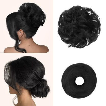 2PCS Messy Bun Hair Pieces Synthetic Hairpieces For Women Natural Black | Messy Bun and Donut Bun in one set for natural-looking volume and elegant updos for every occasion. - color: Natural Black