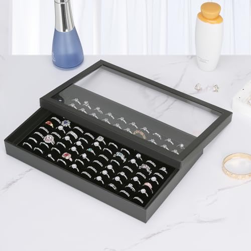 KUKUVR 100 Slots Ring Earring Holder Display Case (Black) | Velvet, Clear Lid, Ring Earring Storage Organizer Box Tray, for Women and Selling Show - color: Black