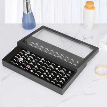 KUKUVR 100 Slots Ring Earring Holder Display Case (Black) | Velvet, Clear Lid, Ring Earring Storage Organizer Box Tray, for Women and Selling Show - color: Black
