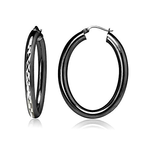 Hoops & Loops 925 Sterling Silver 4mm Thick Oval Diamond-Cut Hoop Earrings, 25mm 30mm, Silver, Yellow Gold, Rose Gold & Black - color: Black 30mm-1.2''