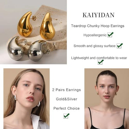 2 Pairs Gold/Silver Hoop Earrings For Women Set Trendy,14K Plated Gold Chunky Huggie Hoop Earings Pack,Oval Twisted Statement Silver Hoops,Fashion Jewelry Gift - color: 9) conch stud