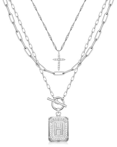 MJartoria Layered Initial Necklaces for Women Trendy, 14K Gold Plated Brass Simple Dainty Cross Choker Square Letter Pendant Necklace, Paperclip Chain Necklaces Jewelry - color: Silvery, style: H