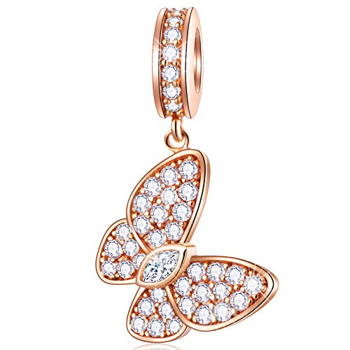 GEMDAZZ 925 Sterling Silver Valentines Day Charms Heart Charms, I Love You to The Moon and Back Pendant, Cupid Arrow and 4 Leaf Clover Beads fit European Bracelets, Gift for Lover/Wife/Girls - color: Rose Gold Sparkling Butterfly Charm