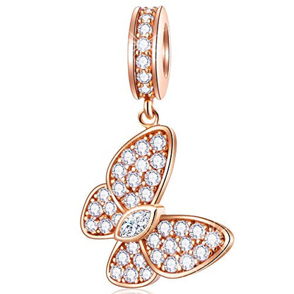 GEMDAZZ 925 Sterling Silver Valentines Day Charms Heart Charms, I Love You to The Moon and Back Pendant, Cupid Arrow and 4 Leaf Clover Beads fit European Bracelets, Gift for Lover/Wife/Girls - color: Rose Gold Sparkling Butterfly Charm