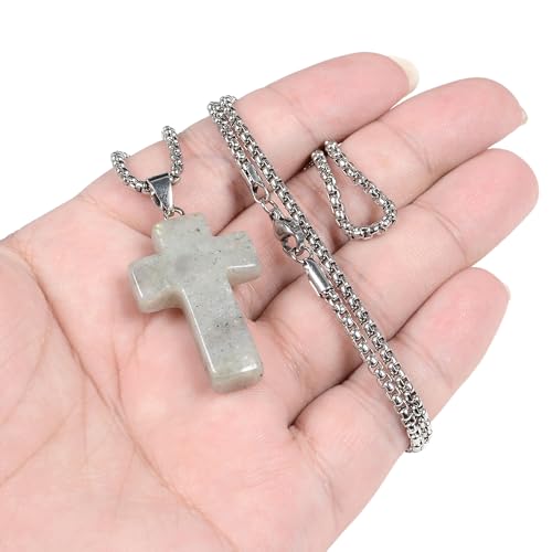 Justinstones 32mm Gemstone Carved Cross Reiki Chakra Pendant With Stainless Steel Necklace 22 Inch - color: Labradorite